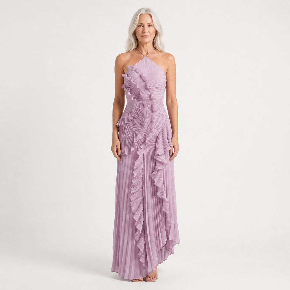 Hailey - Pleated Ruffle Halter Maxi Dress Purple