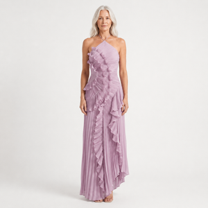Hailey - Pleated Ruffle Halter Maxi Dress Purple