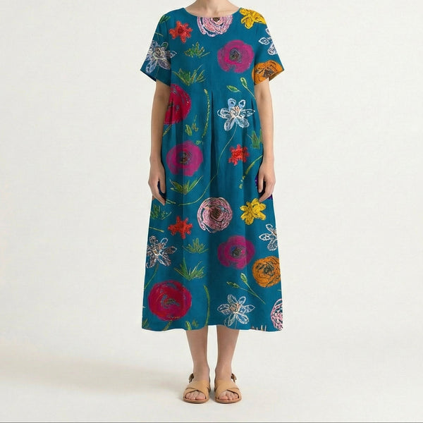 Bloomara - Oversized Floral Print Maxi Dress Blue