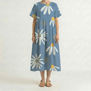 Bloomara - Oversized Floral Print Maxi Dress Light Blue