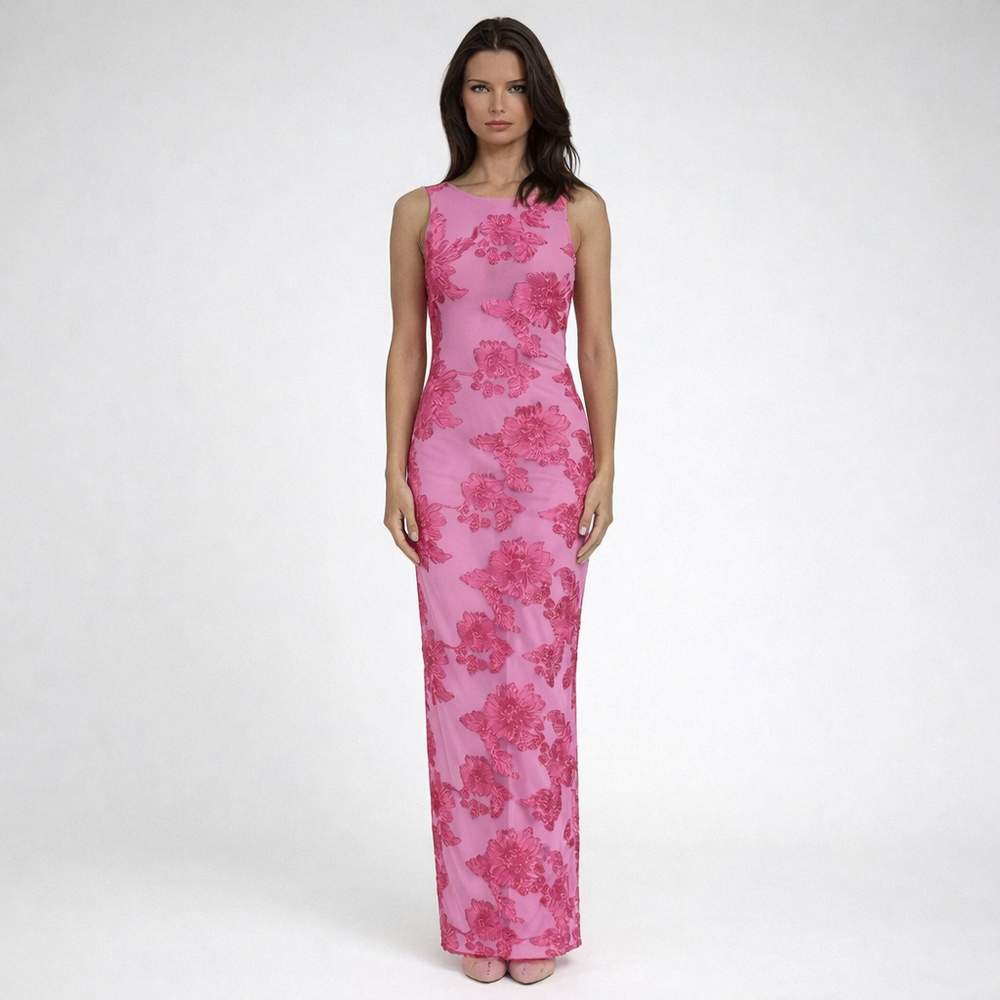Blossara - Figure-Hugging Floral Maxi Gown Dark Pink S