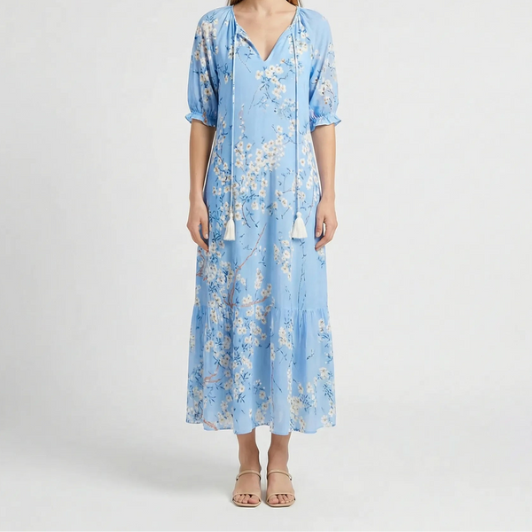 Bohemique - Floral Print Bohemian Maxi Dress Sky Blue
