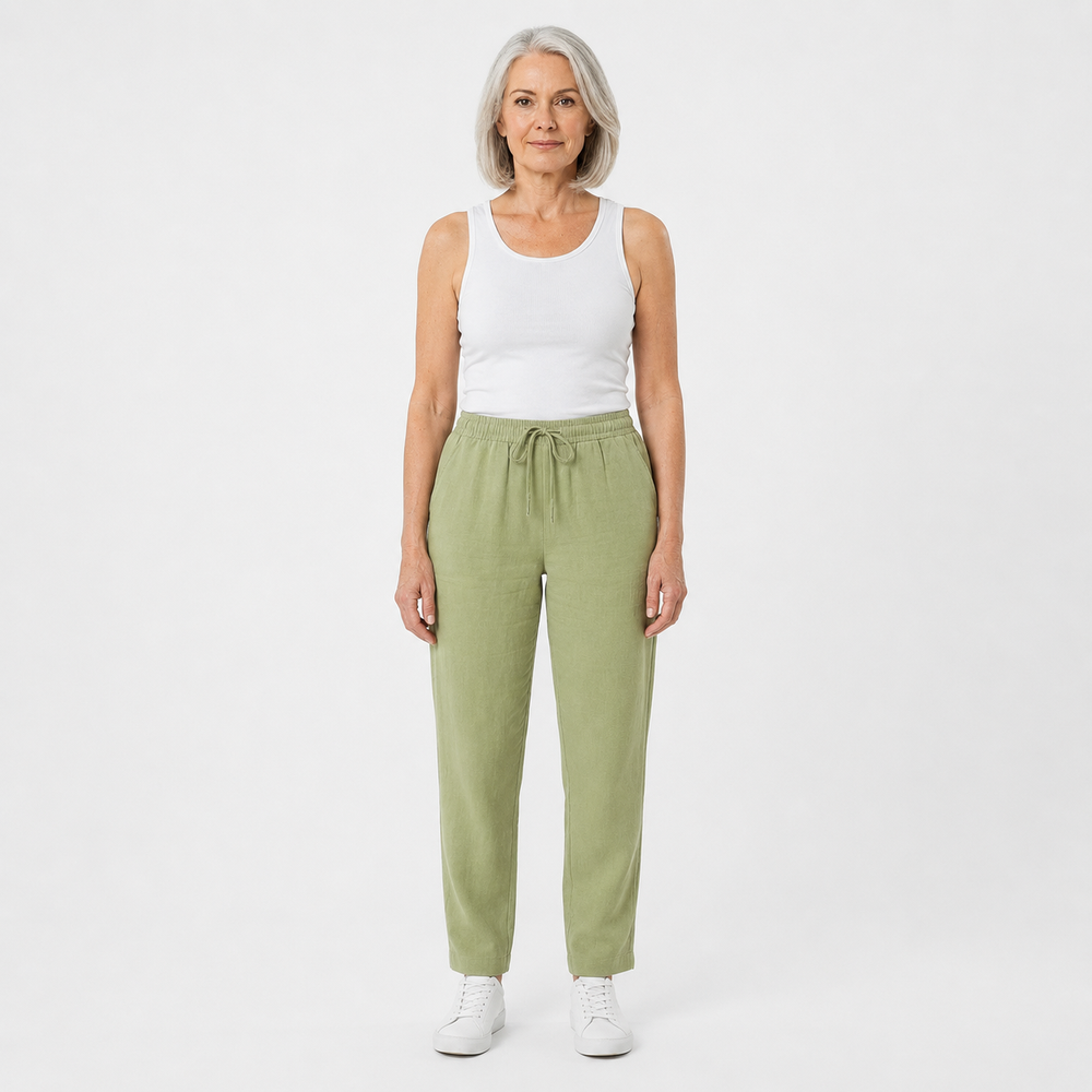 Brezara - High-Waist Drawstring Relaxed Pants Green