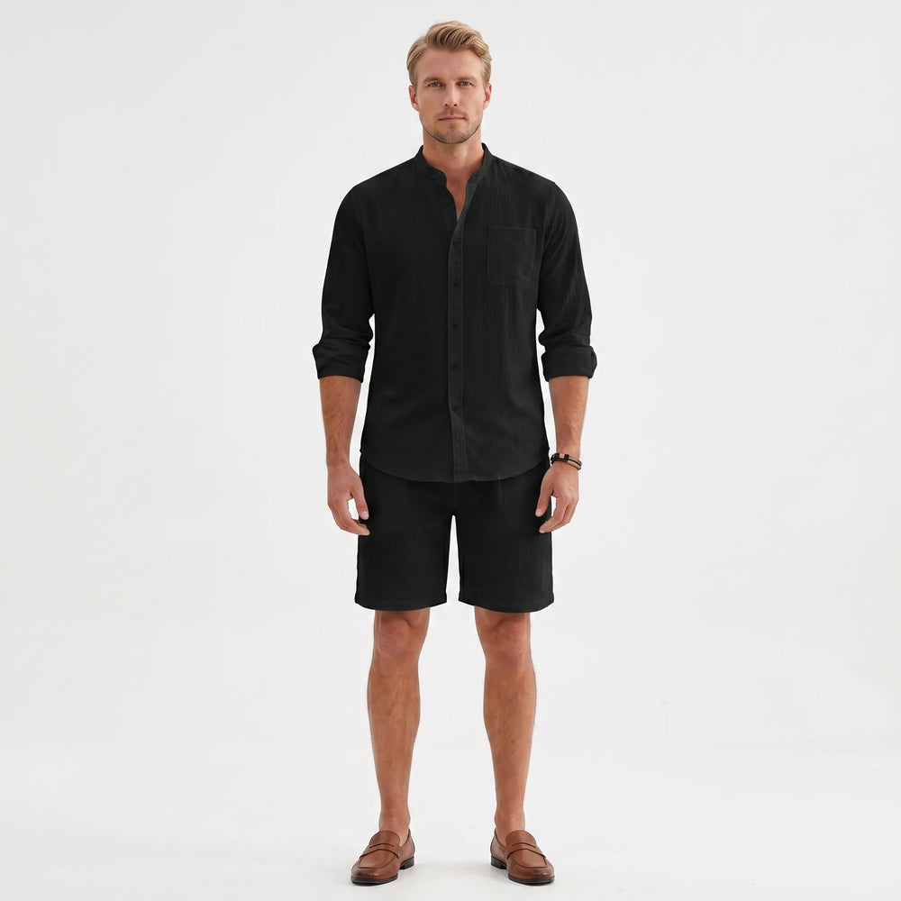 Brezaro - Long-Sleeve Mandarin Collar Shirt And Shorts Set