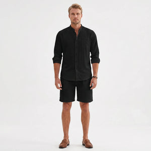 Brezaro - Long-Sleeve Mandarin Collar Shirt And Shorts Set