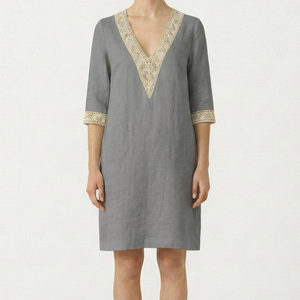 Brezella - Relaxed V-Neck Midi Dress With Lace Trim Gray