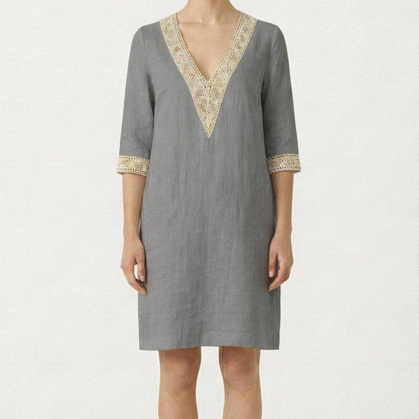 Brezella - Relaxed V-Neck Midi Dress With Lace Trim Gray