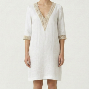 Brezella - Relaxed V-Neck Midi Dress With Lace Trim White