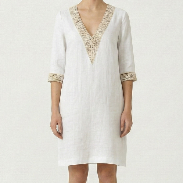 Brezella - Relaxed V-Neck Midi Dress With Lace Trim White