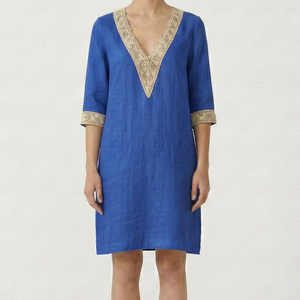 Brezella - Relaxed V-Neck Midi Dress With Lace Trim Blue