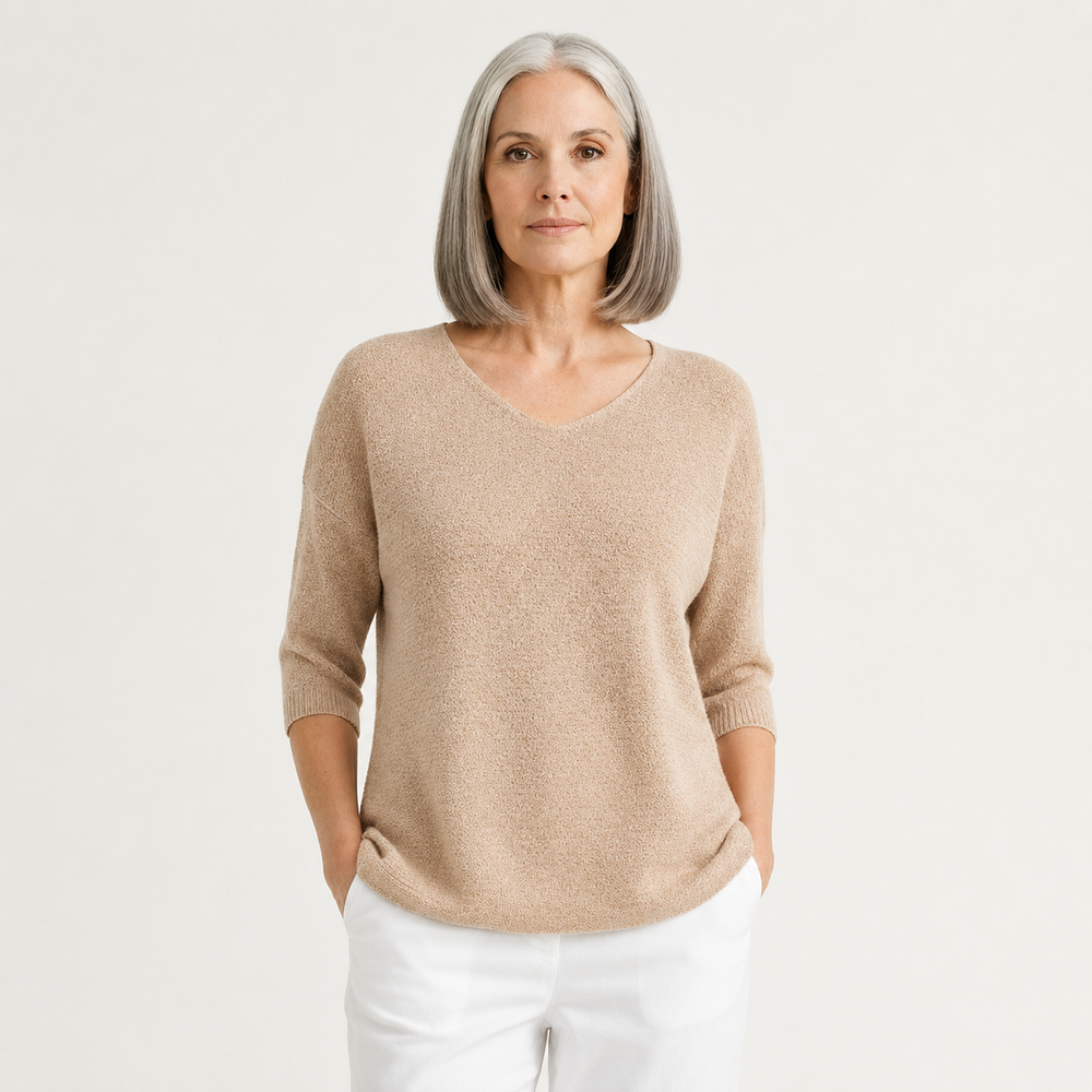 Brezlyn - Loose Fit V-Neck Women's Top Beige