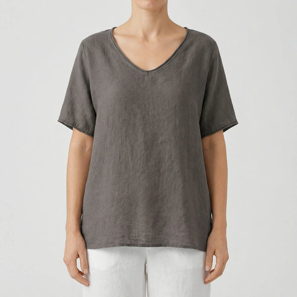 Brezzia - Loose Fit V-Neck Women's Blouse Dark Gray