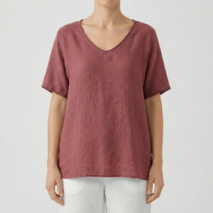 Brezzia - Loose Fit V-Neck Women's Blouse Dark Pink