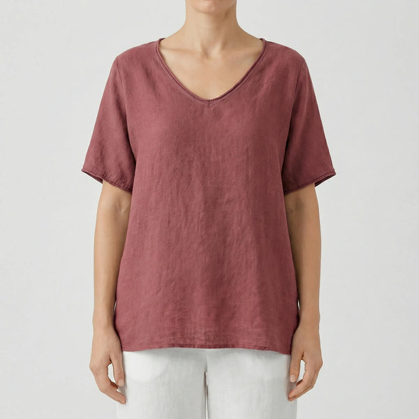 Brezzia - Loose Fit V-Neck Women's Blouse Dark Pink