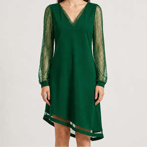 Velvrette - V-Neck Evening Dress With Sheer Sleeves