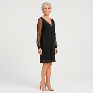 Glimmette - Deep V-Neck Sheer-Sleeve Mini Dress