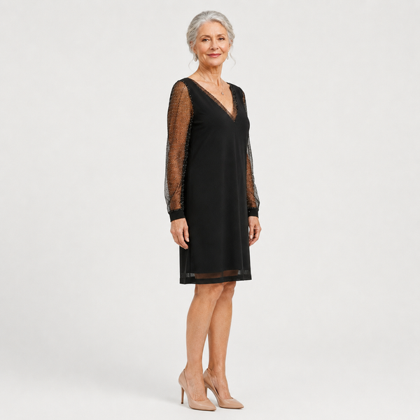 Glimmette - Deep V-Neck Sheer-Sleeve Mini Dress