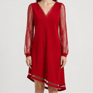 Velvrette - V-Neck Evening Dress With Sheer Sleeves