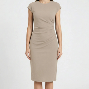 Clarvelle - Fitted Ruched Waist Midi Dress Beige