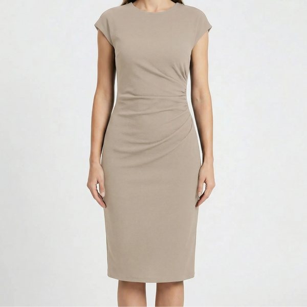 Clarvelle - Fitted Ruched Waist Midi Dress Beige
