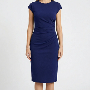 Clarvelle - Fitted Ruched Waist Midi Dress Navy Blue