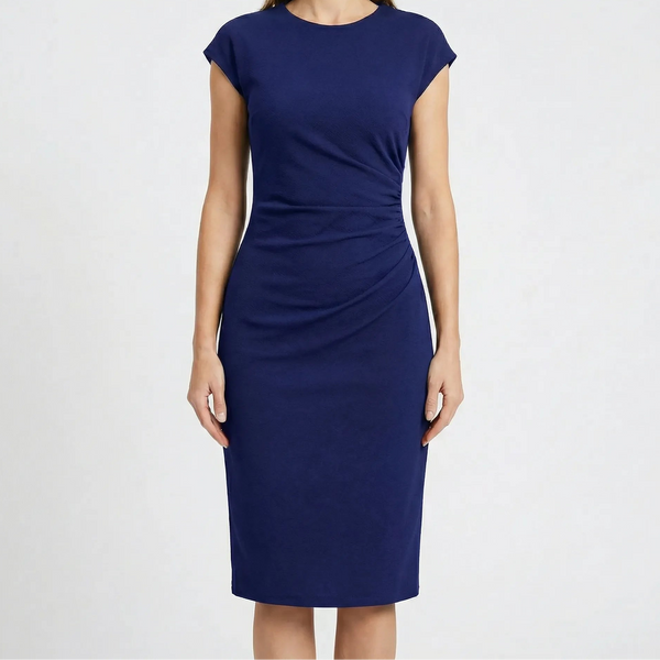 Clarvelle - Fitted Ruched Waist Midi Dress Navy Blue