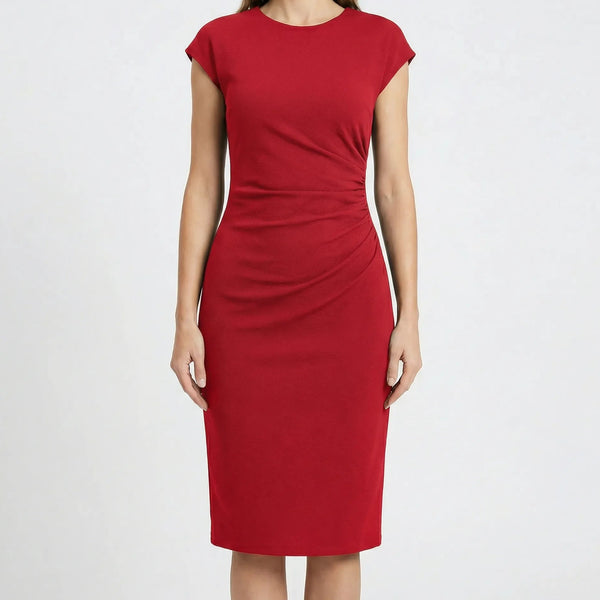 Clarvelle - Fitted Ruched Waist Midi Dress Red