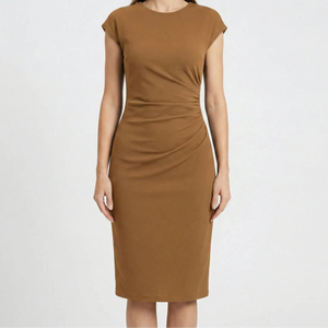 Clarvelle - Fitted Ruched Waist Midi Dress Khaki