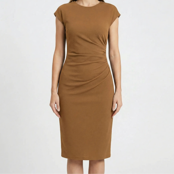 Clarvelle - Fitted Ruched Waist Midi Dress Khaki