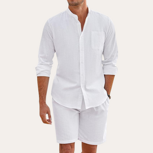 Mateo - Long-Sleeve Mandarin Collar Shirt And Shorts Set