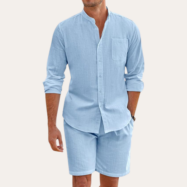 Mateo - Long-Sleeve Mandarin Collar Shirt And Shorts Set