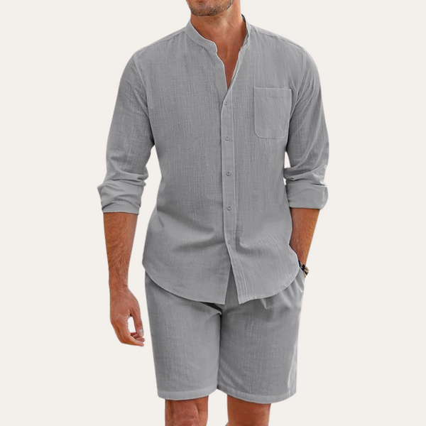 Mateo - Long-Sleeve Mandarin Collar Shirt And Shorts Set