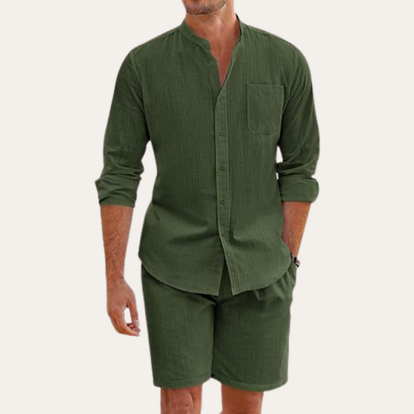 Mateo - Long-Sleeve Mandarin Collar Shirt And Shorts Set