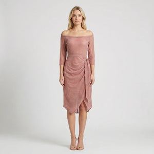 Drapelux - Off-Shoulder Wrap-Look Midi Dress