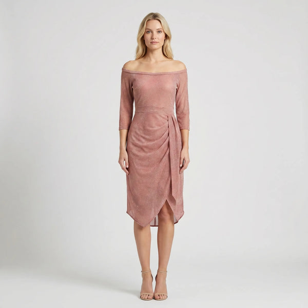 Drapelux - Off-Shoulder Wrap-Look Midi Dress