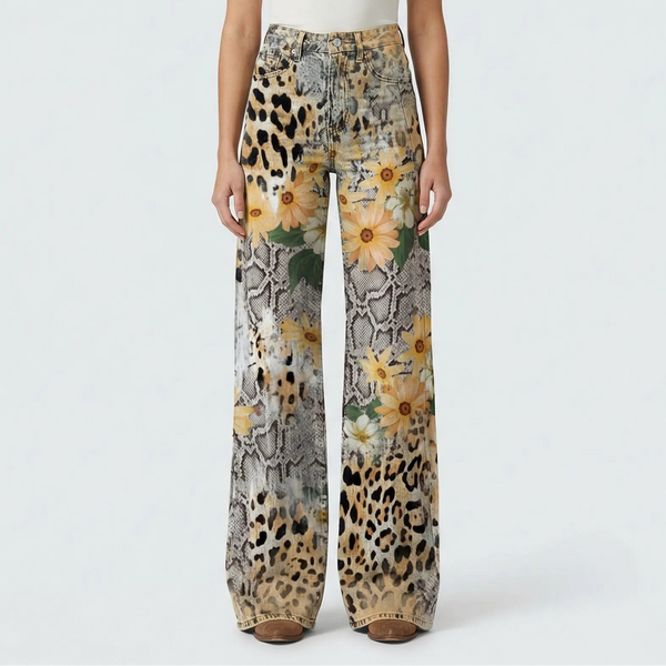 Florava - Wide-Leg Floral Print Baggy Pants Leopard