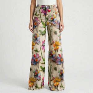 Florava - Wide-Leg Floral Print Baggy Pants Floral