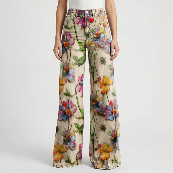 Florava - Wide-Leg Floral Print Baggy Pants Floral