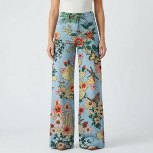 Florava - Wide-Leg Floral Print Baggy Pants Blue Forest