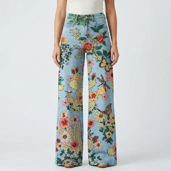 Florava - Wide-Leg Floral Print Baggy Pants Blue Forest