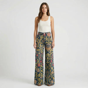Florava - Wide-Leg Floral Print Baggy Pants Dark Blue