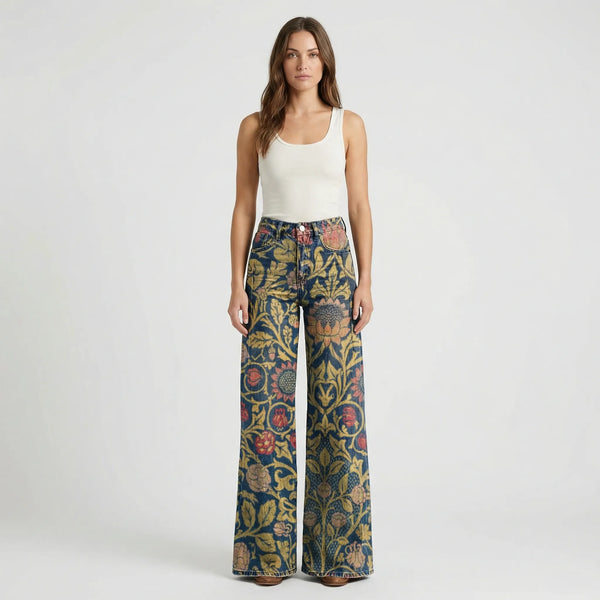 Florava - Wide-Leg Floral Print Baggy Pants Dark Blue