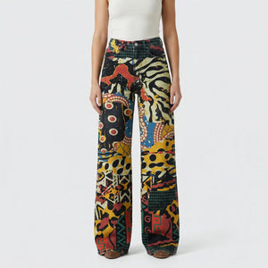 Florava - Wide-Leg Floral Print Baggy Pants Abstract