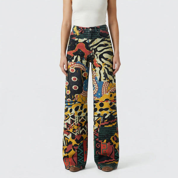 Florava - Wide-Leg Floral Print Baggy Pants Abstract