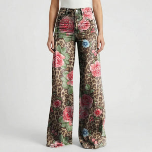 Florava - Wide-Leg Floral Print Baggy Pants Pink & Leopard