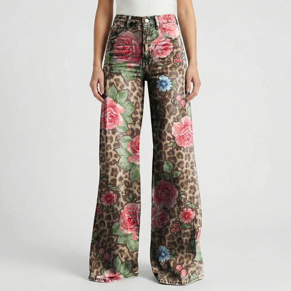 Florava - Wide-Leg Floral Print Baggy Pants Pink & Leopard