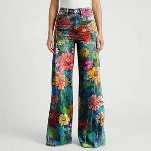Florava - Wide-Leg Floral Print Baggy Pants Daisy