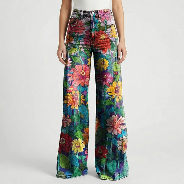 Florava - Wide-Leg Floral Print Baggy Pants Daisy