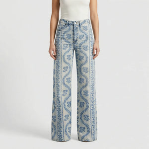 Florava - Wide-Leg Floral Print Baggy Pants Blue Patterned