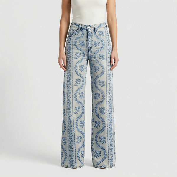 Florava - Wide-Leg Floral Print Baggy Pants Blue Patterned
